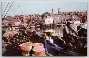Gloucester Massachusetts~Harbor View~Fishing Boats~City Skyline~Vintage Postcard