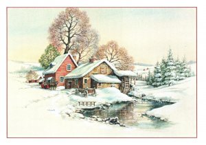CONTINENTAL SIZE POSTCARD MERRY CHRISTMAS GREETINGS SNOW-COVERED CABINS MILL