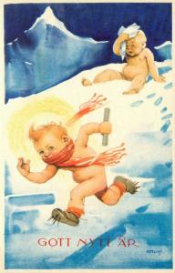 Vintage Swedish Art Postcard A/S Artelius Baby New Year Takes the Baton & Runs