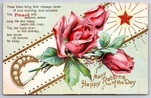 Gem Birthstone~June Pearls~Pink Roses~Red Gold Star~Art Nouveau~1908 E NASH