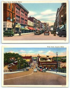 2 Postcards AUGUSTA, Maine ME ~ Views of WATER STREET Scenes c1940s Linens
