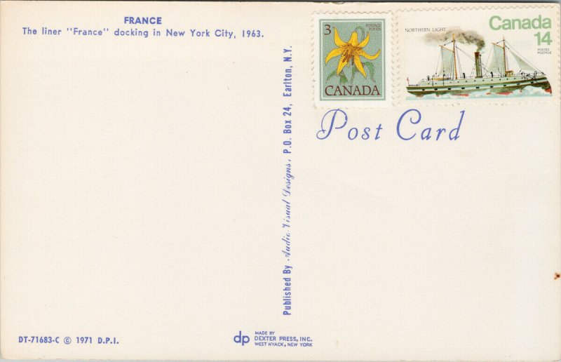 SS 'France' Ship at New York City NY Pier 88 Moran Tugboat 1963 Postcard G91