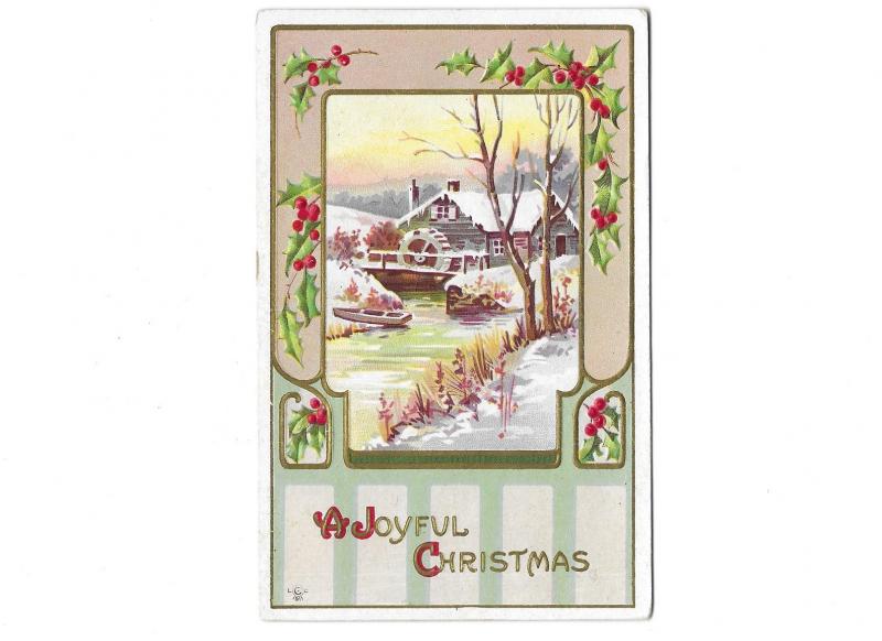 A Joyful Christmas Holly & Berries Embossed Old Mill Scene