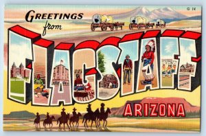 Flagstaff Arizona AZ Postcard Large Letter Greetings Cowboys Scene c1940 Vintage