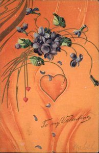 Valentines Orange Heart Cyclamen Embossed c1900-20s Vintage Postcard