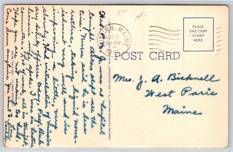 Lewiston Maine~Kora Temple On Hospital Square~Vintage Linen Postcard