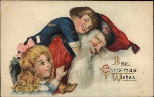 Christmas - Santa Claus Boy on Back Little Girl c1910 Postcard bnhs