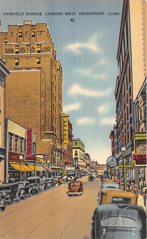 Bridgeport Connecticut~Fairfield Avenue W~Sears~Hotel Barnum~40s Cars in Street