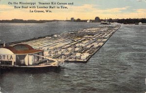 c.'13, Steamer Kit Carson and Lumber Raft, Mississippi River,Msg,Old Post Card