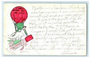 1907 Man in Hot Air Balloon Drop In Naperville Illinois IL Comic Funny Postcard 