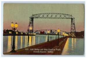 c1930s Lift Bridge and Ship Canal at Night Duluth Superior Harbor MN Postcard