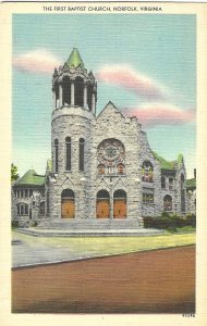 1940's The First Baptist Church, Norfolk, Virginia Linen Postcard