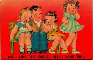 Comic Adorable Children Do I like the Girls? I Love Em UNP Linen Postcard Unused