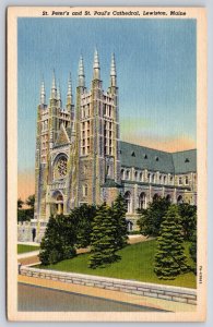 Lewiston Maine~St Peter Paul Cathedral~Gothic~Rose Window~Linen 1940s Postcard