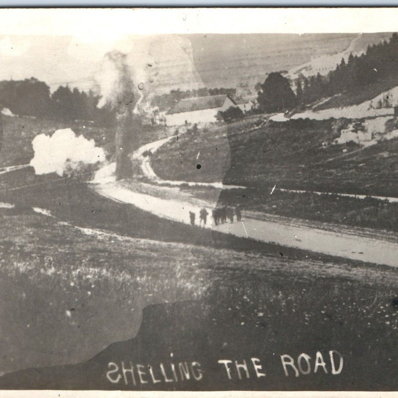 c1910s WWI Battlefield RPPC Shelling The Road Real Photo Postcard Artillery A85