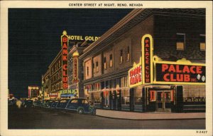 Reno Nevada NV Center Street at Night Neon Signs Colorful Linen Postcard