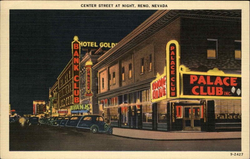 Reno Nevada NV Center Street at Night Neon Signs Colorful Linen Postcard