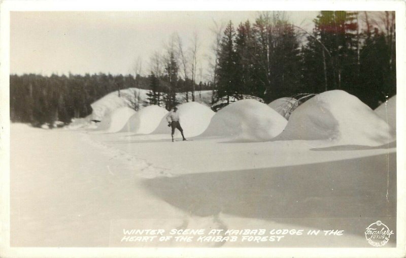 Frashers RPPC Man on Skis Winter at Kaibab Lodge, Kaibab Forest AZ Unposted