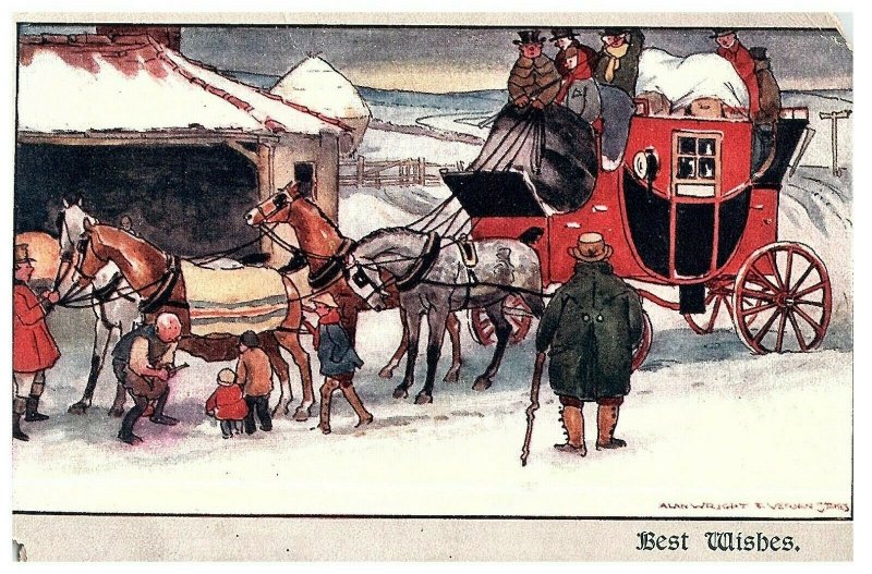 Alan Wright Vernon Stokes Horse And Carriage Snow Scene Antique Postcard-