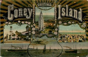 Multiview Greetings Postcard Coney Island Dreamland Amusement Park etc. c1910