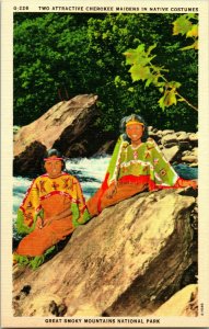 Vintage Linen Postcard Two Attractive Cherokee Maidens In Native Costumes UNP 