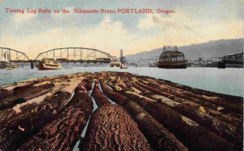 Towing Log Rafts Willamette River Portland Oregon 1910c postcard