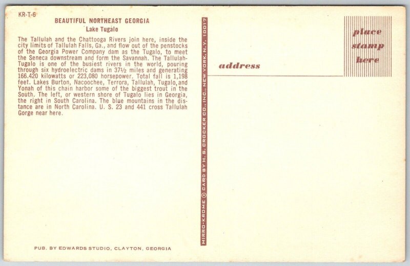 Lake Tugalo Georgia 1950s Postcard Aerial View