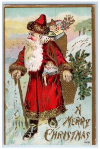 1908 Christmas Santa Claus Sack Of Toys Holly Winter Snow Chicago IL Postcard