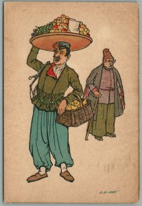 GEORGIA TIFLIS CAUCASUS MAN w/ FRUITS ARTIST SIGNED ANTIQUE RUSSIAN POSTCARD