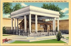 First House Built Utah Pergola Temple Block Salt Lake City UT Linen Postcard UNP 