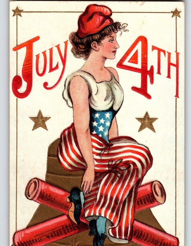 4th Of July Independence Day Postcard Lady Sits On Giant Fireworks Wolf Unposted