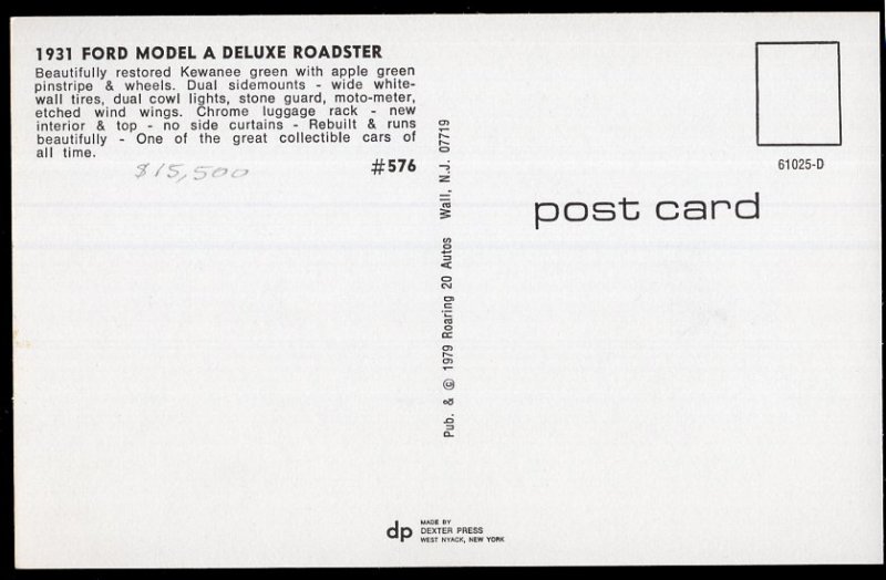 Classic Car Postcard 1931 FORD Model A Deluxe Roadster