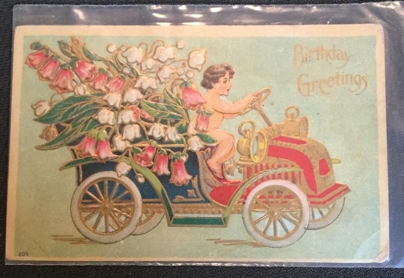 Postcard Unused “Birthday Greetings” Embossed Cherub/Truck/Flowers LB