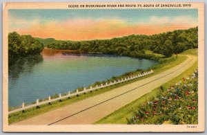 Zanesville Ohio 1940s Postcard Scene On Muskingum River And Route 77