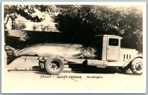 GRAYS HARBOR WA FISHING EXAGGERATED REAL PHOTO POSTCARD RPPC TROUT in TRUCK