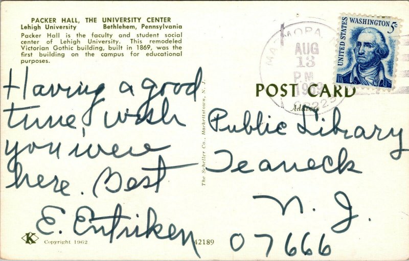 Vtg 1960s Lehigh University Packer Hall Bethlehem Pennsylvania PA Postcard