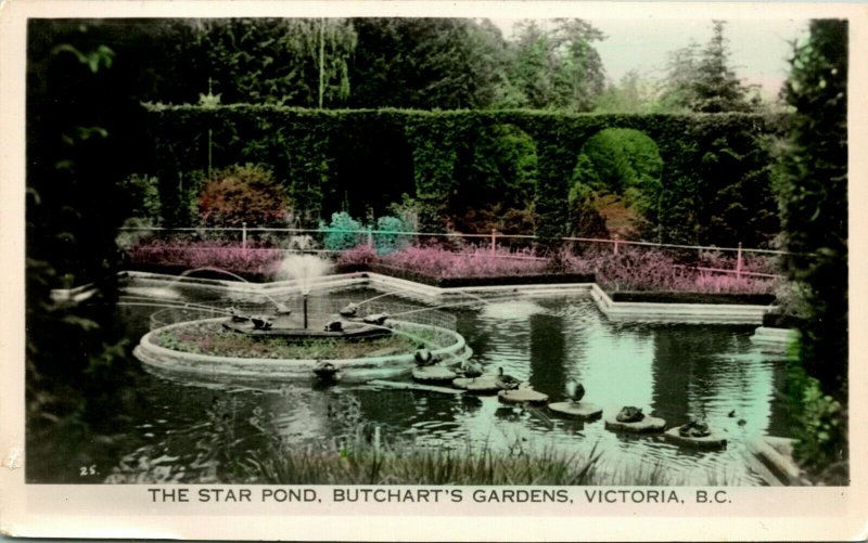 Vtg Postcard RPPC The Star Pond Butchart Gardens Victoria BC Unused Gowen Sutton