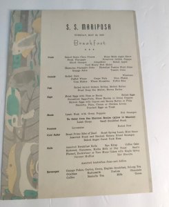 S.S. Mariposa Breakfast Menu. Vintage May 25, 1939