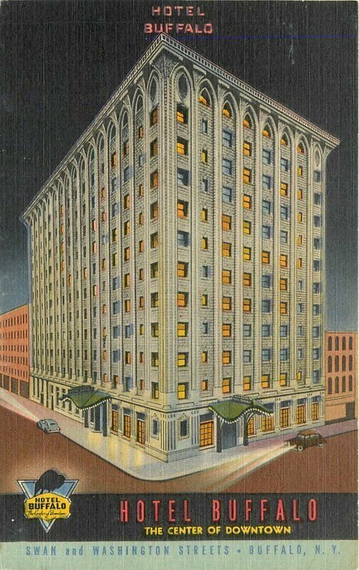 Buffalo New York Hotel Buffalo roadside Postcard linen Teich Night 12794