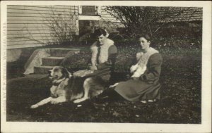 East Whitman MA CF Wyman Real Photo Postcard c1910 WOMEN & DOG