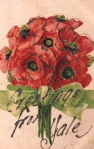 Vintage Postcard Greetings Card from Yale Red Flowers Bouquet & Green Ribbon