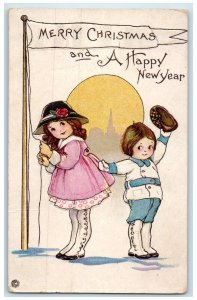 c1910's Merry Christmas Happy New Year Children Rope Flag Embossed Postcard