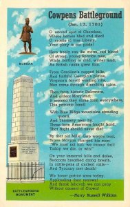 South Carolina SC   COWPENS BATTLEGROUND Monument & Harry Wilkins Poem  Postcard