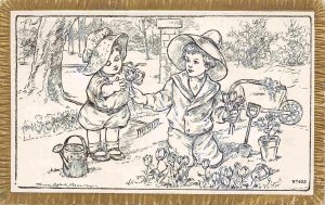 Children Gardening Picking Flowers Artist Signed F Nosworthy 1910 postcard