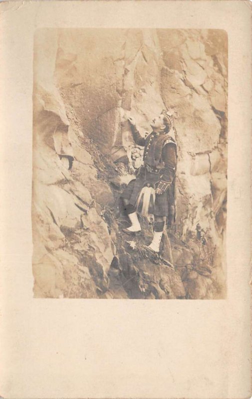 Man in Scottish Kilt Rock Climbing Real Photo Vintage Postcard AA71104