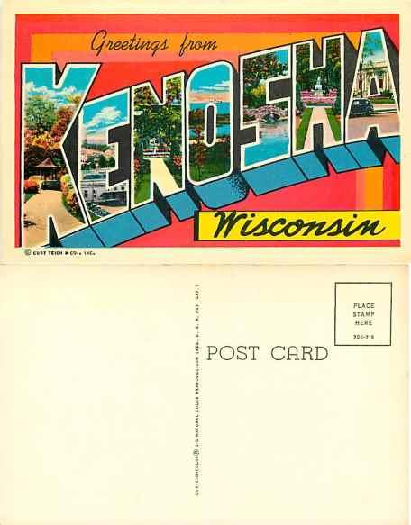 Greetings from Kenosha Wisconsin Large Letter Chrome Era