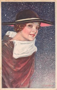 Fashion Glamour Art by Mauzan Lady in Giant Hat Red Coat Snow postcard C329