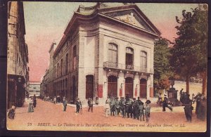 P1429 old unused postcard Brest theatre aiguillon busy street view france