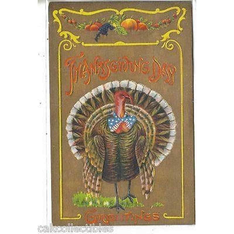 Thanksgiving Post Card-Turkey with Red,White and Blue Bow Tie