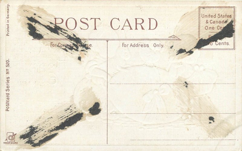 Embossed Easter Postcard 520. Children w/ Chick, Rabbit, & Giant Egg w/a Ribbon